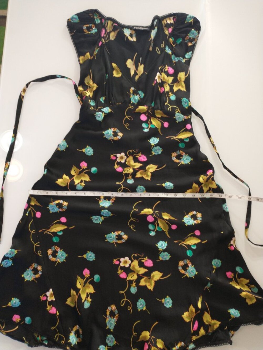 VTG 90s Betsey Johnson Black Silk Cherry Strawberry Floral Fruit Slip Midi Dress - Picture 15 of 16